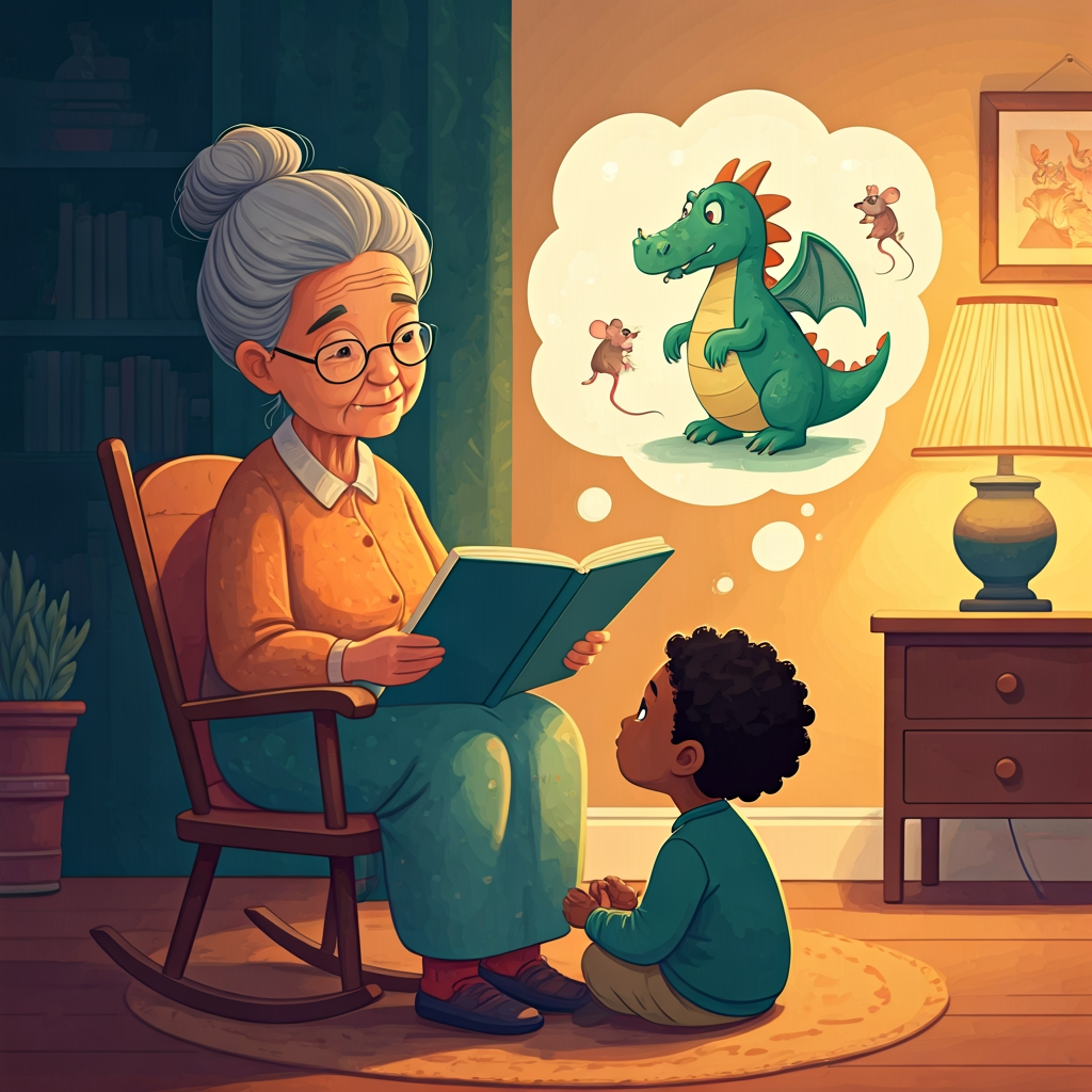 A dragon reading with mice