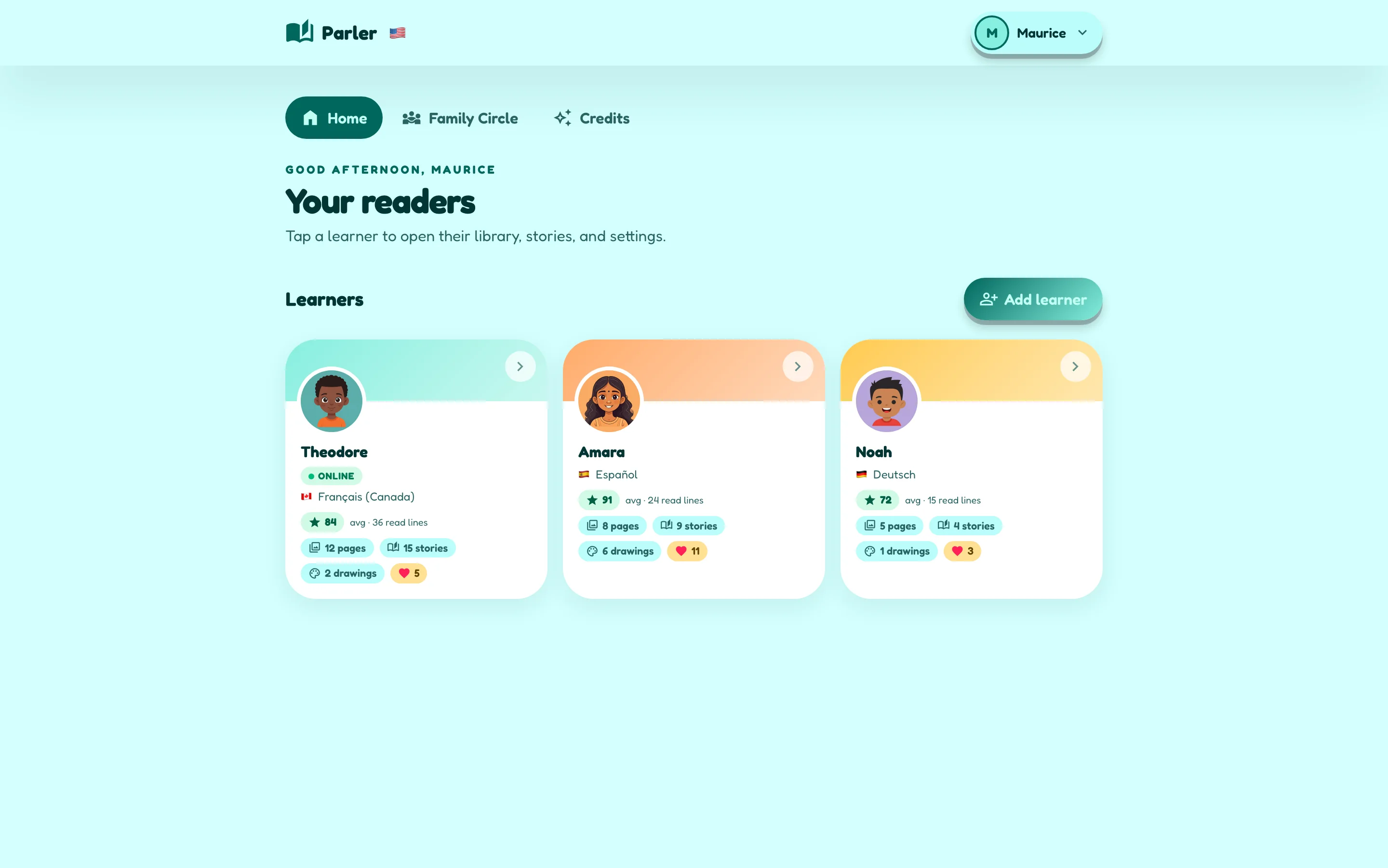 The parent dashboard: learner cards with pronunciation scores, pages, stories, and hearts