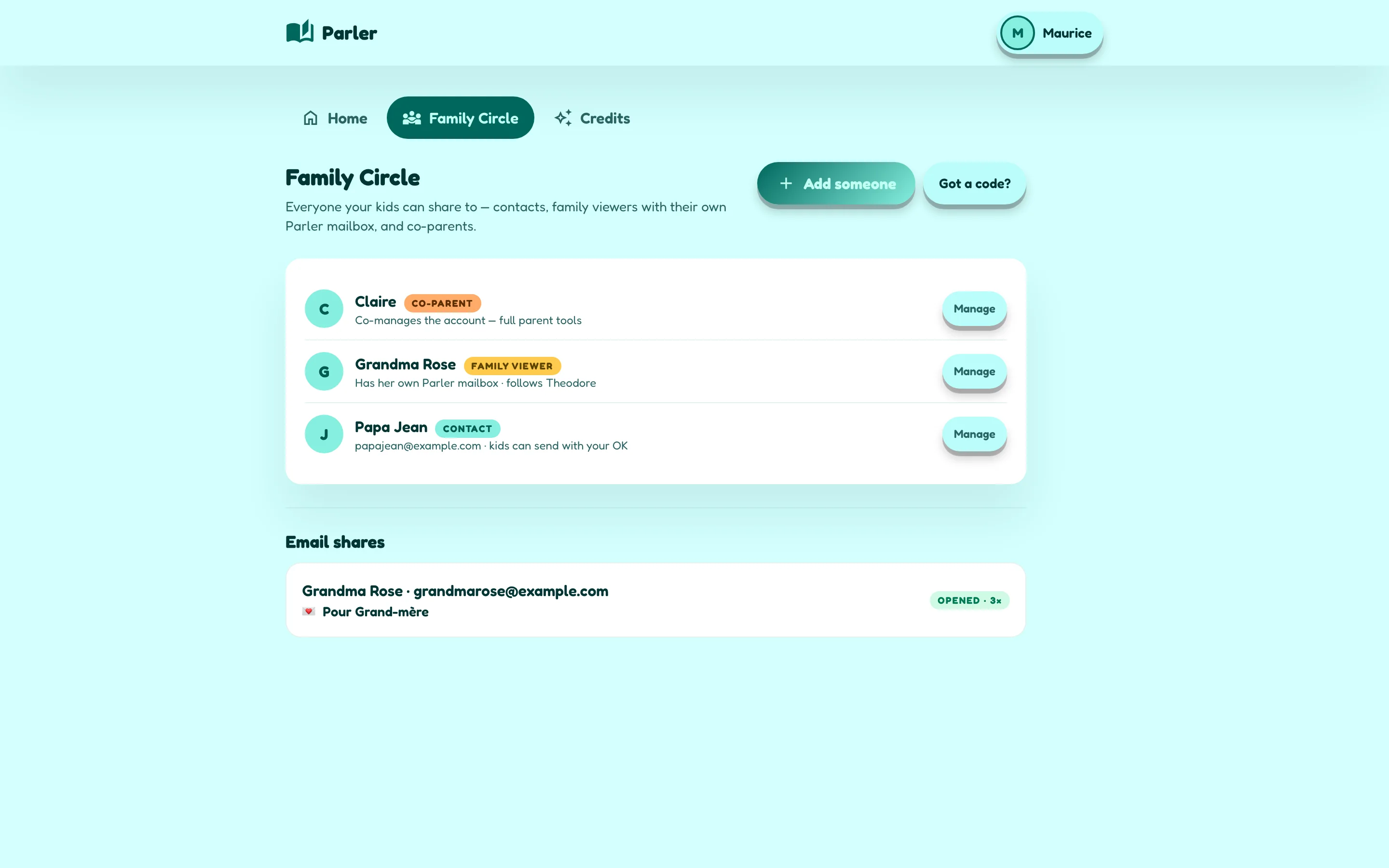 The Family Circle: a co-parent who shares the account, Grandma as a family viewer, and email contacts