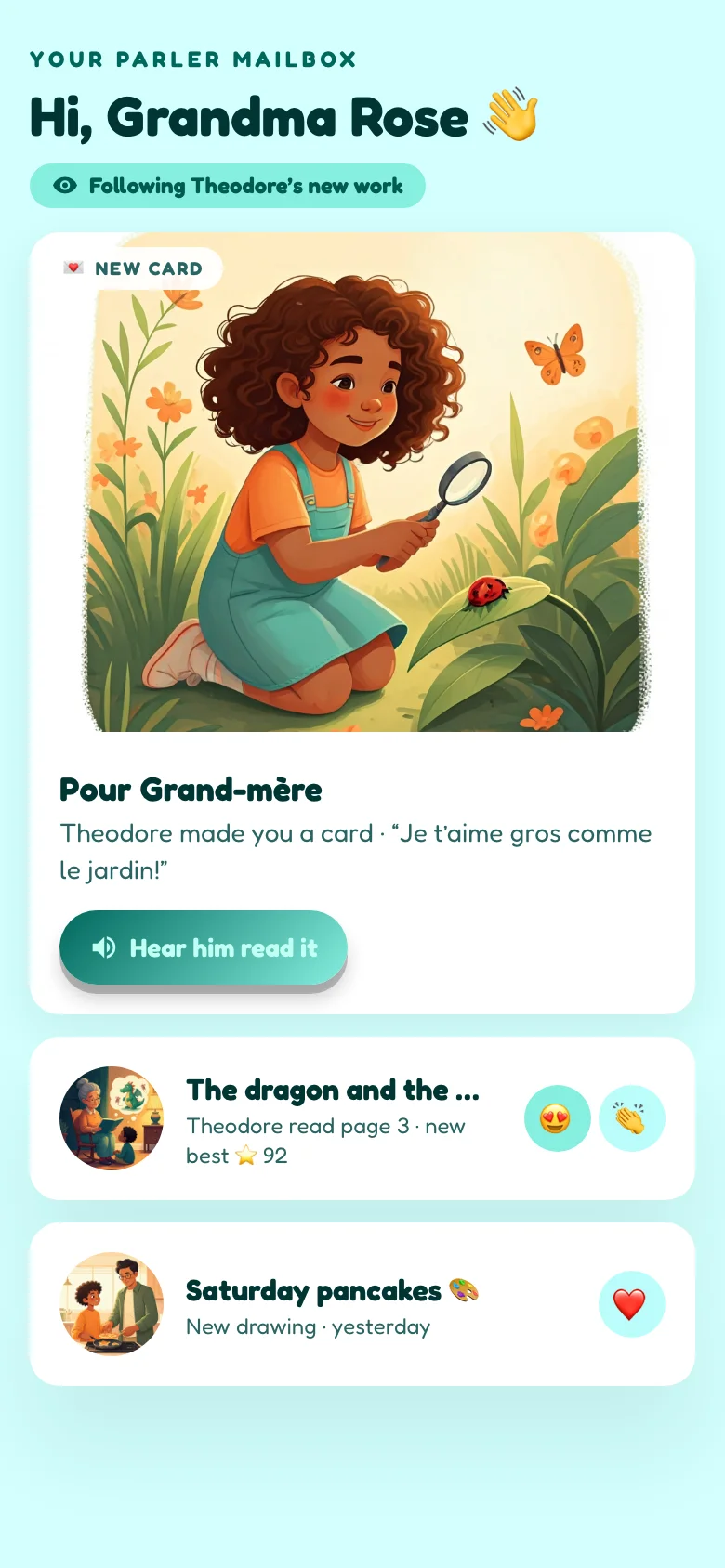 Grandma's Parler mailbox: a card Theodore made for her, plus his new story and drawing with her reactions