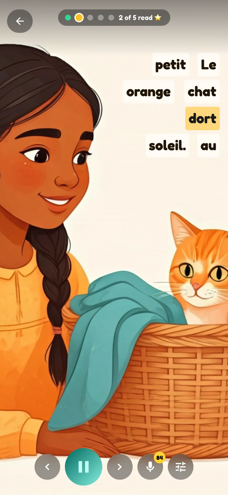 Book mode on a phone: the sentence shaped beside the illustration with the active word highlighted