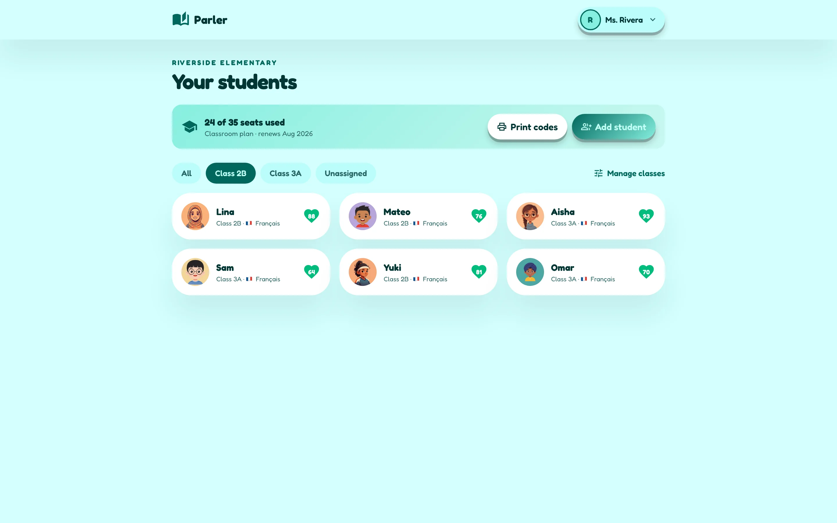 The school dashboard: seat usage, class filter chips, and student cards with reading scores