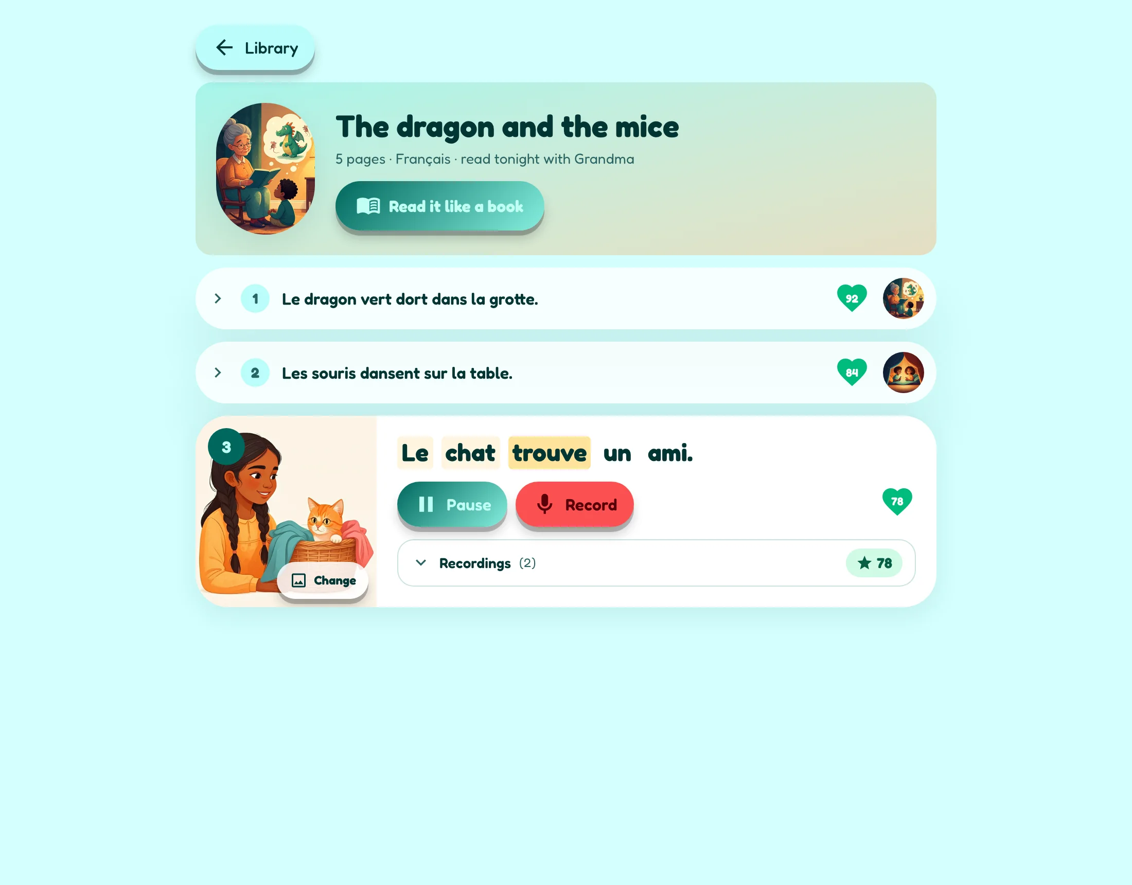 A story page: sentence cards with play and record side by side, best scores, and recordings